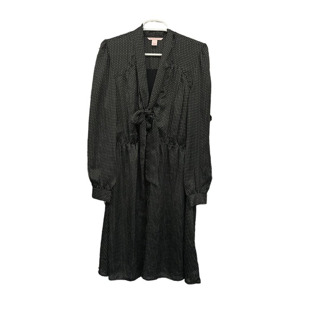 Victorias Secret Black Polka Dot Long Sleeve Dress Bow Tie Neckline Waist Size M
